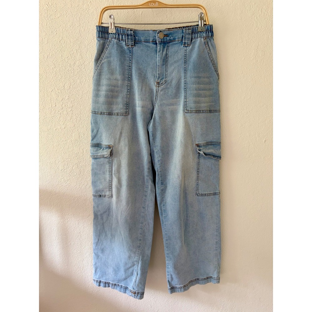 Almost Famous Women XL Light Wash Utility Carpenter Jeans Elastic Waist Wide Leg